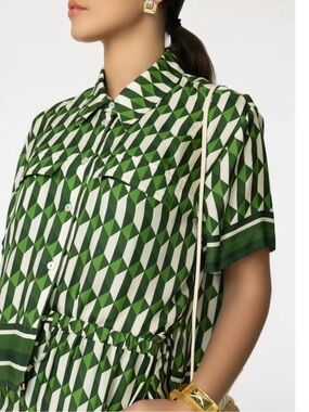 NWT CARA CARA Green & White Geometric Calvia Button-Front Blouse large $425